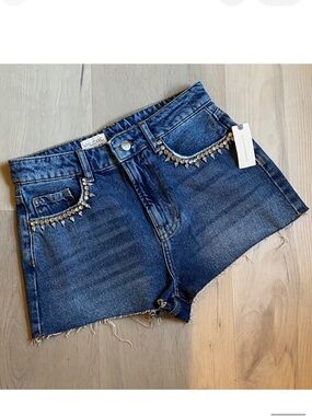 NWT! Pilcro Blue Lover Embellished Rhinestone Cut Off Denim Shorts - Size 26